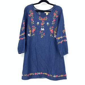 Peek Girls Size Large 10 Chambray Embroidered Floral Dress Blue Long Sleeve